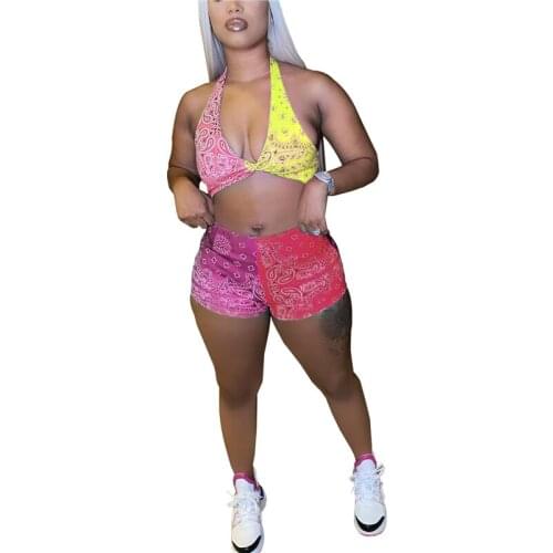 New Women Two-piece Swimming Clothes Set Variegated Color Halter Neck Sleeveless Crop Tops and Shorts Plus Size Swimwear Biquini