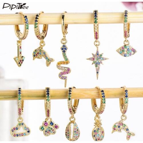 Pipitree 1 PCS Copper CZ Zircon Small Loop Earrings Claw Hamsa Hand Turtle Heart Charms Hoop Earrings for Women Girls Jewelry