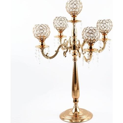 75 cm Tall 5-arms Metal Gold Candelabras With Pendants Romantic Wedding Table Candle Holder Home Decoration 10 pcs/lot