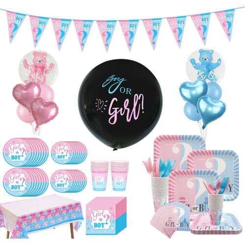 Gender Reveal Party Decoration Tableware Paper Cups Plates Boy or Girl Banner Babyshower Balloon DIY Backdrop Photo Props Supply