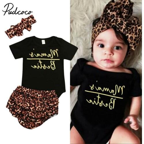 Pudcoco 2020 Newborn Infant Baby Girl Clothes Set Fashion Mama Letter Leopard Print 3 PCS Tops Bodysuit T-shirt+Shorts+Headband