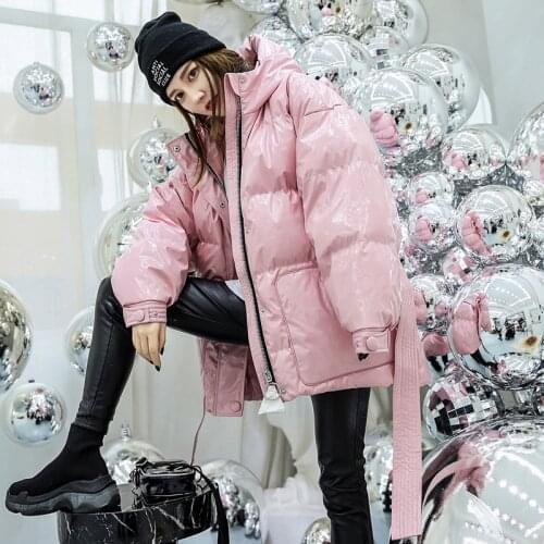 Oversized Fluffy cotton coat Winter warm glossy fabric cotton coat parkas female thick longer hooded jacket with belt F363