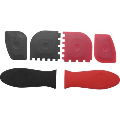 6 Piece Durable Grill Pan Scraper Plastic Set Tool and Silicone Hot Handle Holder for Cast Iron Skillets, Frying Pans and Griddl