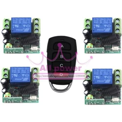 315/433MHZ DC12V 1CH remote control light on off switch 1Transmitter 4Receiver Momentary Toggle Latched with Relay indicator