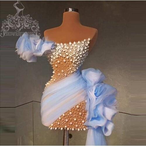 Unique Sky Blue Pearls Tulle Flower Cocktail Dress Luxury Beading Short Prom Party Dress With Train See Thru Cocktail Gowns