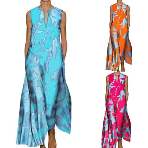 Hot Sales Women Dress Leaf Printing Loose Bohemian Sleeveless Wide Hem Dress for Going Out