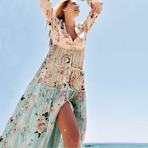 QR Summer Dress Women 2019 Casual Patchwork Floral Print Long Party Dress Female Sexy Deep V Neck Split Boho Beach Maxi Dresses