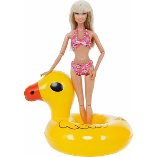 2 Items =1x Pink Swimsuit Beach Bathing Bikini Swimwear + 1x Yellow Duck Swimming Lifebuoy Pool Accessories For Barbie Doll Toys
