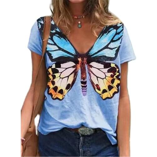 2021 Summer Butterfly Printed T Shirt Women Casual Loose Short Sleeve V-neck Tops Tee Ladies Clothing Plus Size