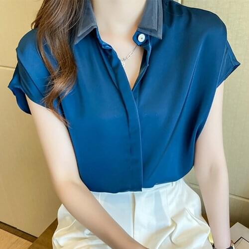 Batwing Sleeve Short Mesh Satin Blue Women Blouse Slim White Shirt Woman Clothes 2021 Summer Tops Korean Fashion Chemisier Femme