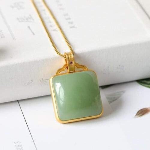 Ancient gold craftsmanship inlaid natural Hetian jade square necklace pendant light luxury and elegant ladies silver jewelry