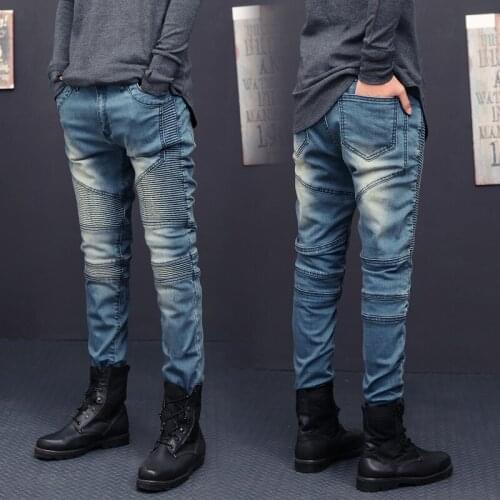 Europe and the United States Locomotive Fold Slim Jeans Big Pants Mens Elastic Feet Pants Tide