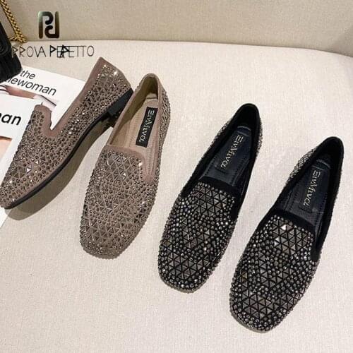 French Retro Suede Square Toe Single Shoes Personality Blingbling Rhinestone Rivet Shallow Mouth Casual Flat-bottomed Loafers