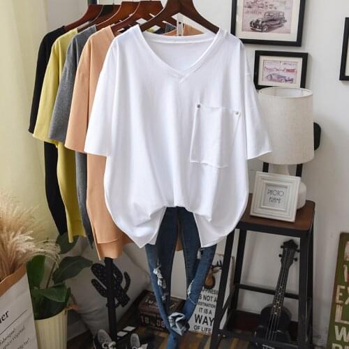 Women Summer V Neck Oversize T Shirt Tunic Tops Short Sleeve Plain Loose Casual Tees Front Short Back Long