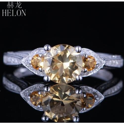 HELON Solid 14K White Gold Flawless Round 6mm &2.4mm Genuine Citrine Diamond Engagement Wedding Women Fine Jewelry Gemstone Ring