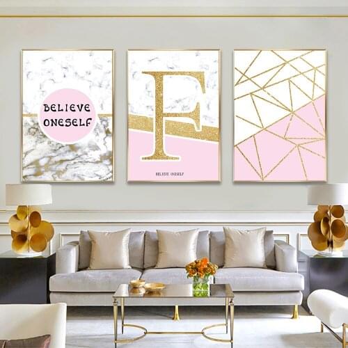 Pink With Gilt Gold Powder Inspirational Words Poster "Believe oneself" Canvas Painting Wall Art Pictures For Living Room Decor