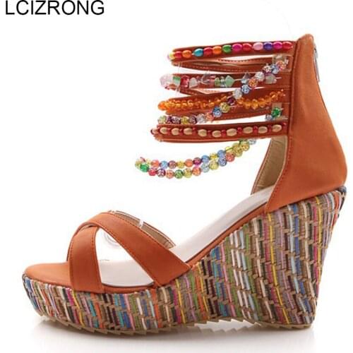LCIZRONG Summer Fashion Bohe High Heel Sandals Women Hand Made 34-43 Large Size String Bead Cover Heel Sexy Bohemia Lady Wedges