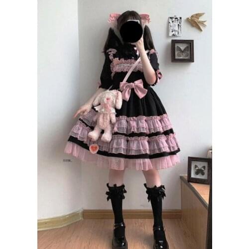 Summer Girl Harajuku Sweet Preppy Style Temperament Kawaii Fashion Cascade Mesh Black Pink Bow Lotus Leaf Sling Dress
