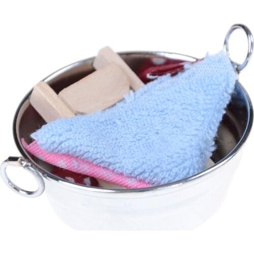 Dollhouse Miniature Laundry Tub with Wooden Washboard Towel Set