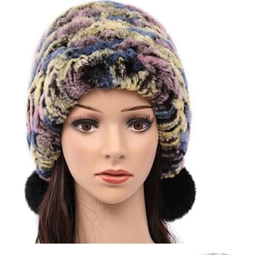 Autumn Winter Womens Genuine Knitted Rabbit Fur Hats Lady Warm Pom Pom Caps Female Ear Protector VF7023