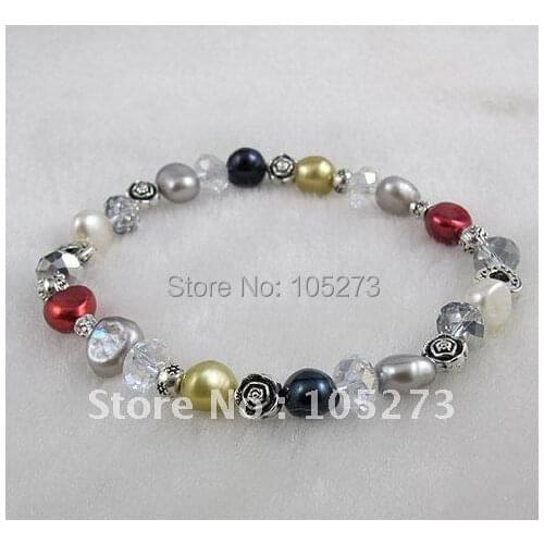 Stunning!pear bracelet AA 6-7MM White purple black color Genuine Freshwater pearl & Silvers &crystal Elastic bracelet A2308