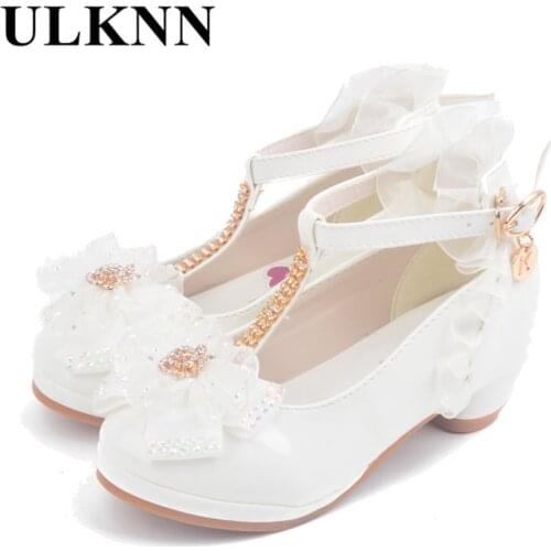 ULKNN Girls Sandals high heel pink leather Buckle Strap childrens Gladiator Bowtie White Shoes size 26-37 soft Kid shoes enfant