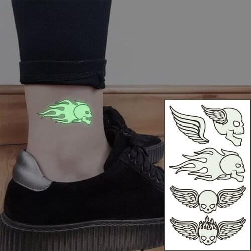 Waterproof Temporary Luminous Tattoo Sticker Skull Wings Halloween Horrible Pattern Flash Fake Tatto for Women Men