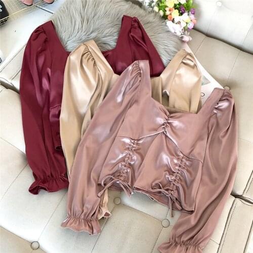 Spring Autumn Women Lantern Sleeve Blouse Slim Solid Folds Drawstring Shirt Female Long Sleeve Blouses Blusas Short Tops AB1902