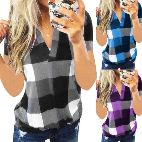 Women Office Lady Plaid Loose T Shirt Summer V Neck Short Sleeve Plaid Print Casual Shirt Blouse T-shirt Geometric Printing