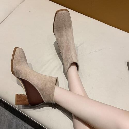 Women Boots Thick Heel Square Autumn Winter New Ankle Boots Women High Heels Women Shoes Suede Boots for Women Fashion Zipper