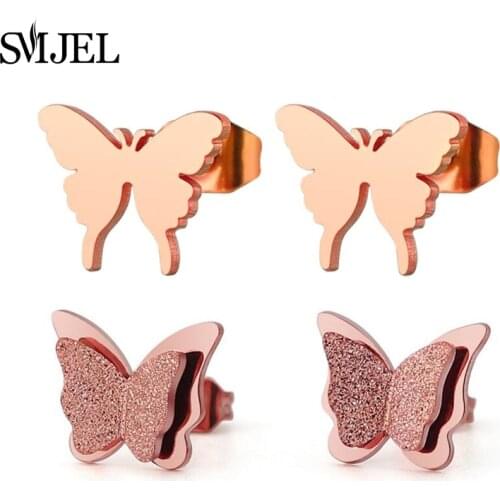 SMJEL Romantic Double Butterfly Earrings for Women Stainless Steel Jewelry Tiny Handmade Animal Stud Earrings Girls Kids Gifts