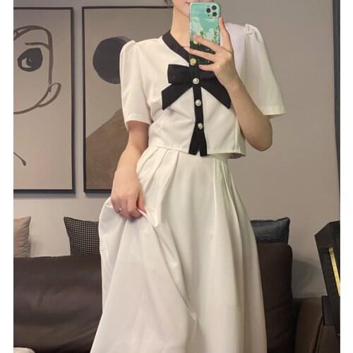 Loose Women Summer 2 Piece Skirt Sets Fashion Bow V-Neck Short Sleeve Blouses And Midi A-Line Skirt Elegant Two Piece Suit