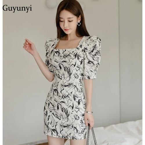 Fashion Pattern Office Dress 2020 Summer Korean Version Simple Square Collar Puff Half Sleeve Elegant Party Dress Women