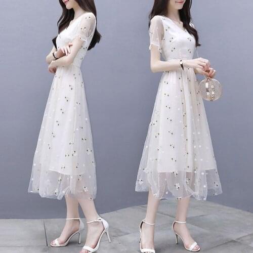 V-neck Dress Women Summer 2020 New Chiffon Dresses Waist Female Mesh Embroidery Floral Vestidos Mujer Summer New Listing A971