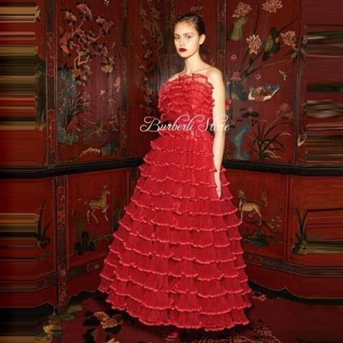 2021 Fashion Strapless Tiered Tulle Ankle Length Women Dress To Birthday Party Flounce A-line Female Outfit High End Women Gowns