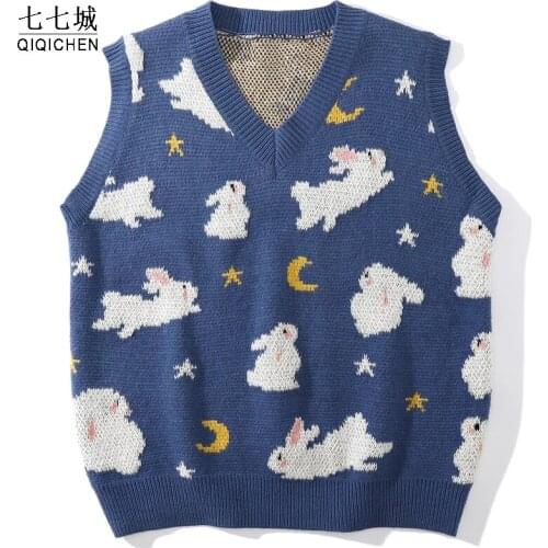 Streetwear Knitted Vest Men Women Moon Rabbit Harajuku Hip Hop Sleeveless Waistcoat Pullover Autumn Loose Casual Sweater Vests