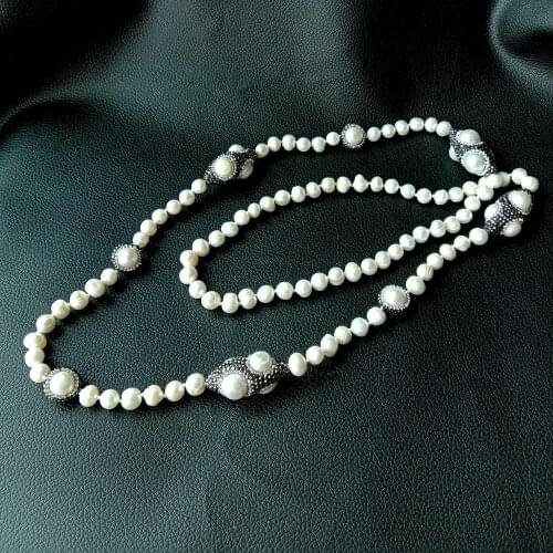 38" natural cultured White freshwater Pearl Black Crystal Pave Long Necklace sweater chain necklace party for women