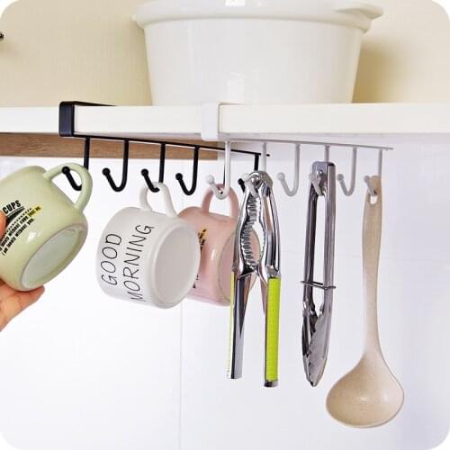 6 Hooks Kitchen Storage Rack Nail-free Hanging Wrought Iron Wardrobe Hook Organizer Hooks Cup Holder Hang Bathroom Storage