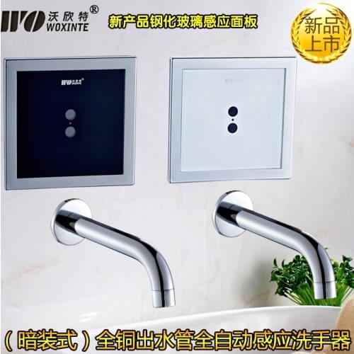 Automatic induction faucet hand washing device is concealed in the wall and hung with AC / DC tempered glass panel hand washing