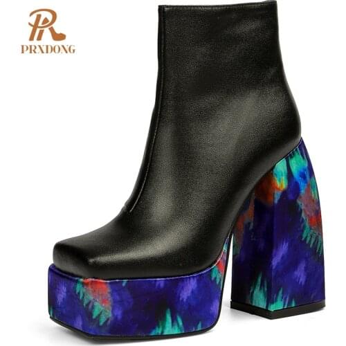 Fashion Genuine Leather Boots Square Toe Zipper Womens Shoes Super High Thick Heel Leather Ankle Boots Black Platform Shoes