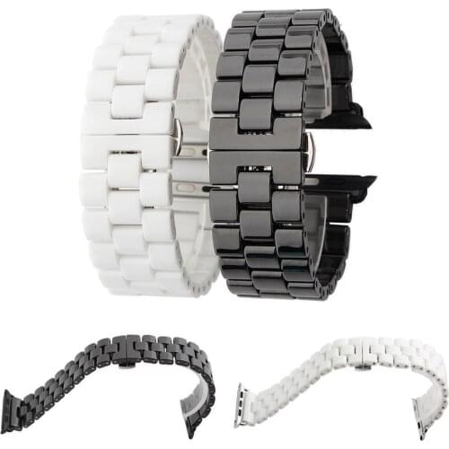 Black White Ceramic Links Bracelet for Apple Watch Series 3 2 1 42mm Band for iWatch Strap Butterfly Buckle Ceramics Watchbands