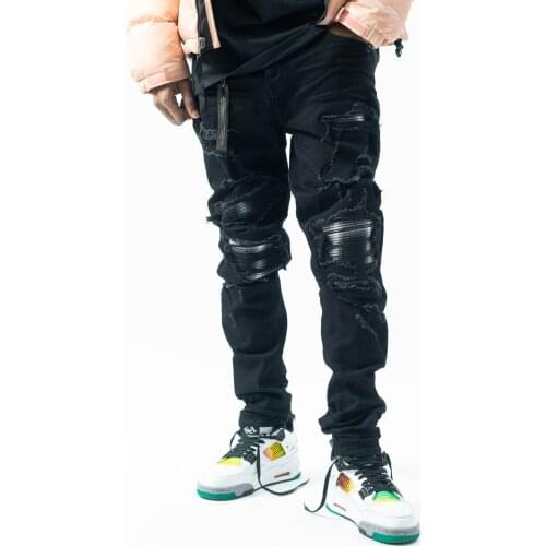 New 2021 mens male autumn American hip-hop fit trousers trend ripped patch stitching locomotive high street jeans denim pants