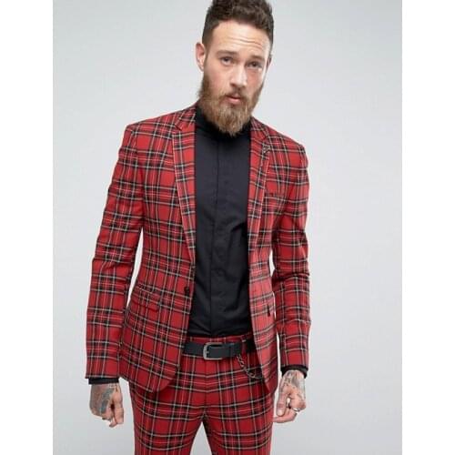 JELTONEWIN Fashion Italian Design Red Plaid Wedding Tuxedos For Prom Men Suits 2 Pieces Jacket Pants Slim Fit Male Groom Clothes