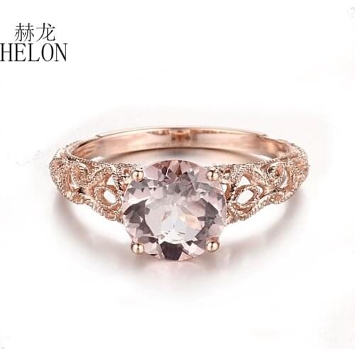 HELON Solid 14K Rose Gold Flawless Round 8mm Natural Morganite Vintage Antique Engagement Wedding Women gemstone Jewelry Ring