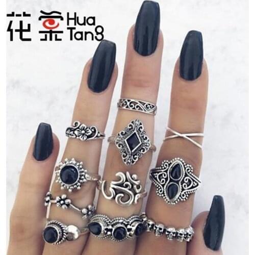 Hua Tang 11pcs/sets Black Rhinestone Rings for Women Men Skull Carving Flwoers Geometric Party Jewelry Gift Wholesale 10057