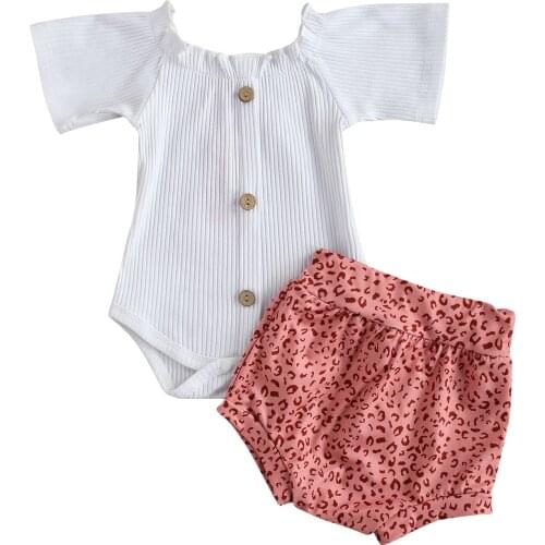 2Pcs Fashionable Baby Girls Outfit, Summer Breathable Solid Color Short Sleeve Button Romper + Casual Leopard Point Shorts Set