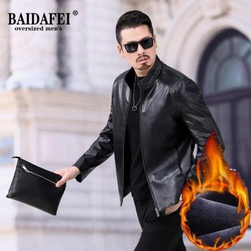 BAIDAFEI Male Classic Black Biker Leather Moto Jacket 2021 New Winter Warm Fleece Mens Business Casual Leather Jacket