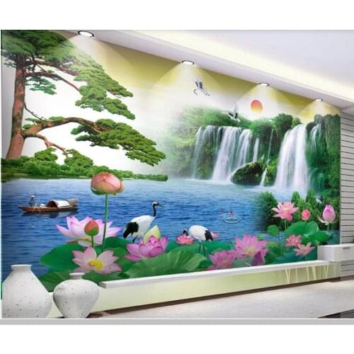 Papel de parede Chinese style landscape painting waterfall mountain pine 3d wallpaper,living room tv wall bedroom kitchen mural