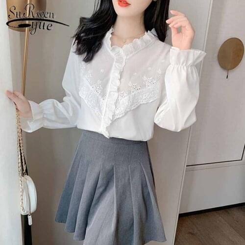 Solid Lace Shirt V-neck White Tops 2021 Autumn Chiffon Blouse Women Long Sleeve Hollow Office Women Clothing Korean Style 10901