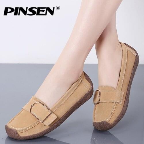 PINSEN 2020 Spring Fashion Women Flats Shoes Genuine Leather Ballet Flats Shoes Woman Slip-on Moccains Loafers Women Boat Shoes